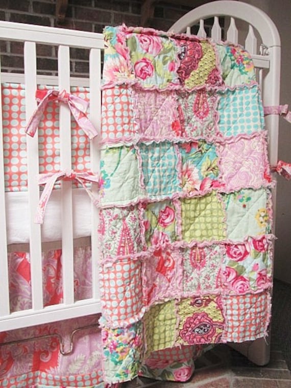 Rag Crib Quilt, Pink Love Mix, Girl, ALL NATURAL, fresh modern handmade baby