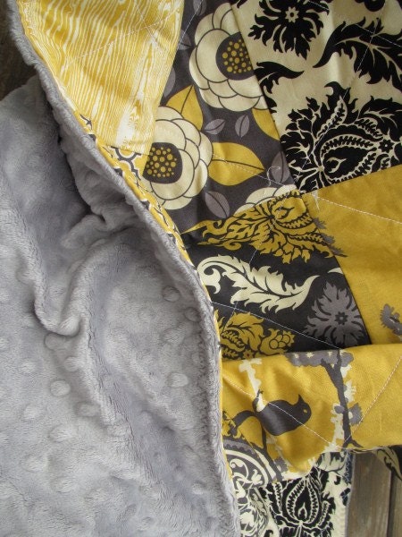 Minky Crib Quilt, Aviary 2 in granite, black grey silver yellow, PLUSH for baby, fresh modern handmade children