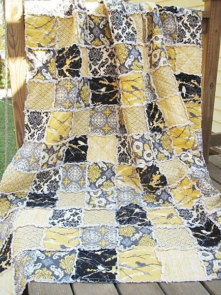 King Size Quilt, Rag, Aviary 2 in granite, black yellow grey, ALL NATURAL, fresh modern handmade bedding