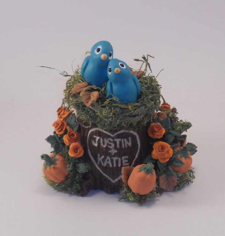 Small Custom Personalized Tree Stump Wedding Cake Topper Sculpture Keepsake Example - Teal Parrots and Pumpkins - Justin and Katie