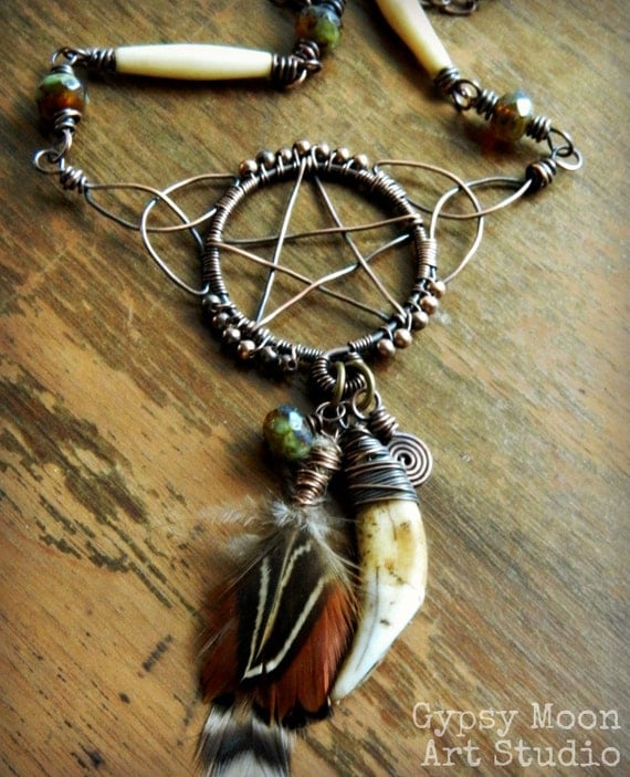 Celtic Knotwork Pentacle.  Celtic Tribal Copper Wire Wrapped Pentacle Pentagram with Tooth, Bone, and Feathers