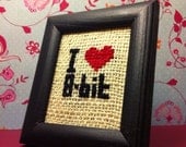 i love 8-bit  - cross stitch sampler on raw burlap
