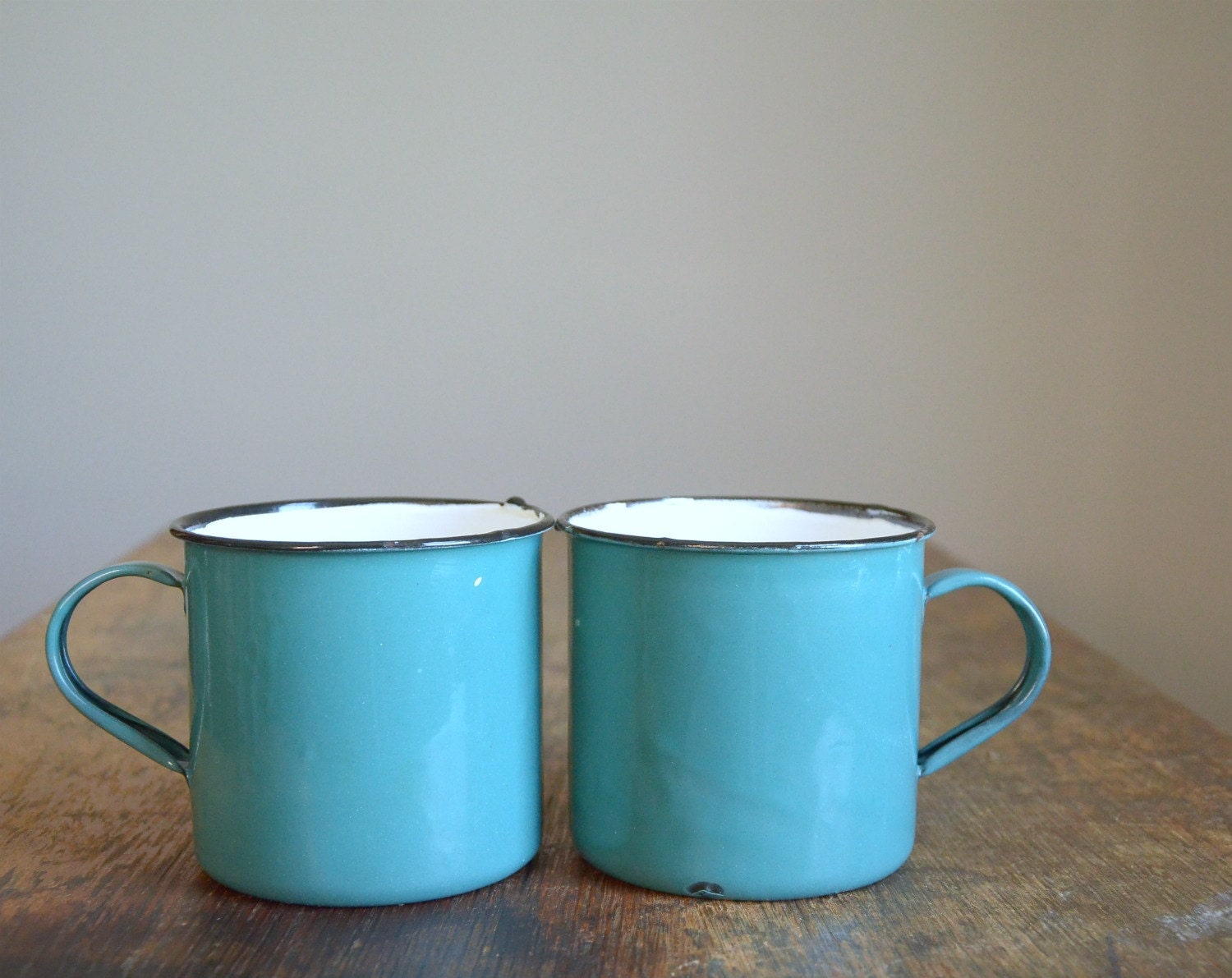 Vintage Turquoise Enamelware Camping Mugs .. Set of Two