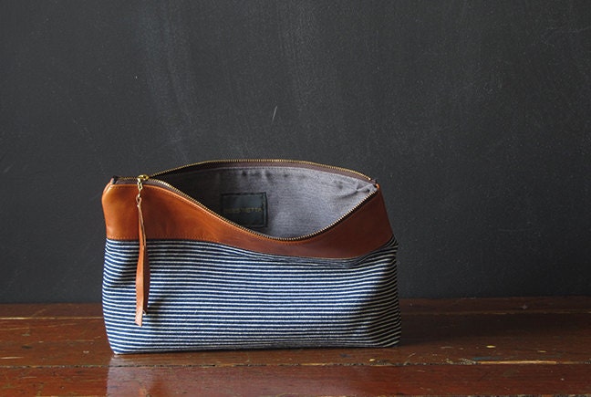 the 9-inch ZIPPER pouch. railroad denim and eco leather.