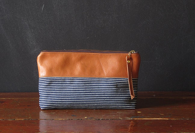 the 9-inch ZIPPER pouch. railroad denim and eco leather.