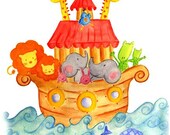 Nursery Wall Art, Noahs Ark Watercolor Print