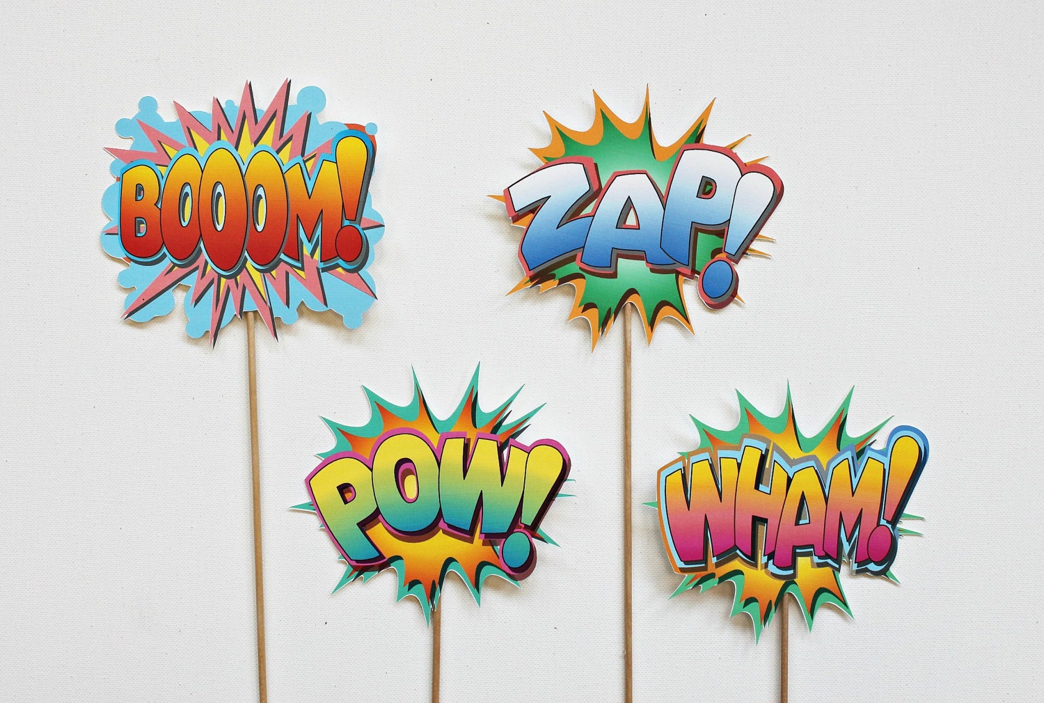 Vintage Super Hero Photo Booth Props. Shout Out Shout Outs on a Stick - Set of Eight