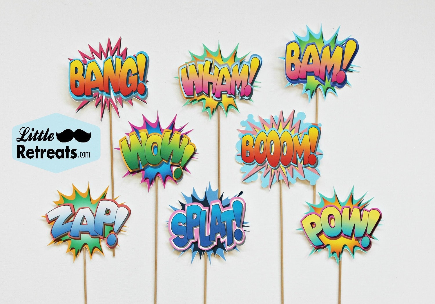 Vintage Super Hero Photo Booth Props. Shout Out Shout Outs on a Stick - Set of Eight