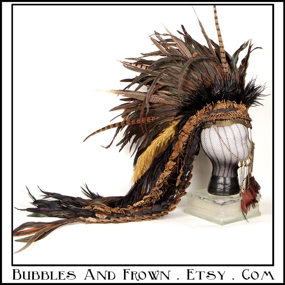Flight By Night.... Feather Mohawk in Earthy Colors with Metal Gypsy Veil