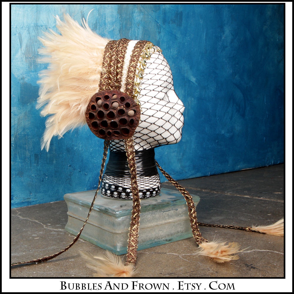 Brass Lotus... Feather Headband in Cream and Rich Brown with Lotus Pods