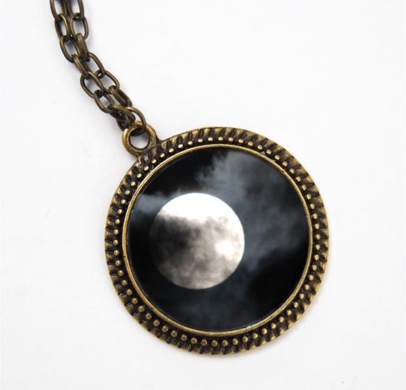 Moon Pendant black and white print - antique bronze plated necklace - wearable art