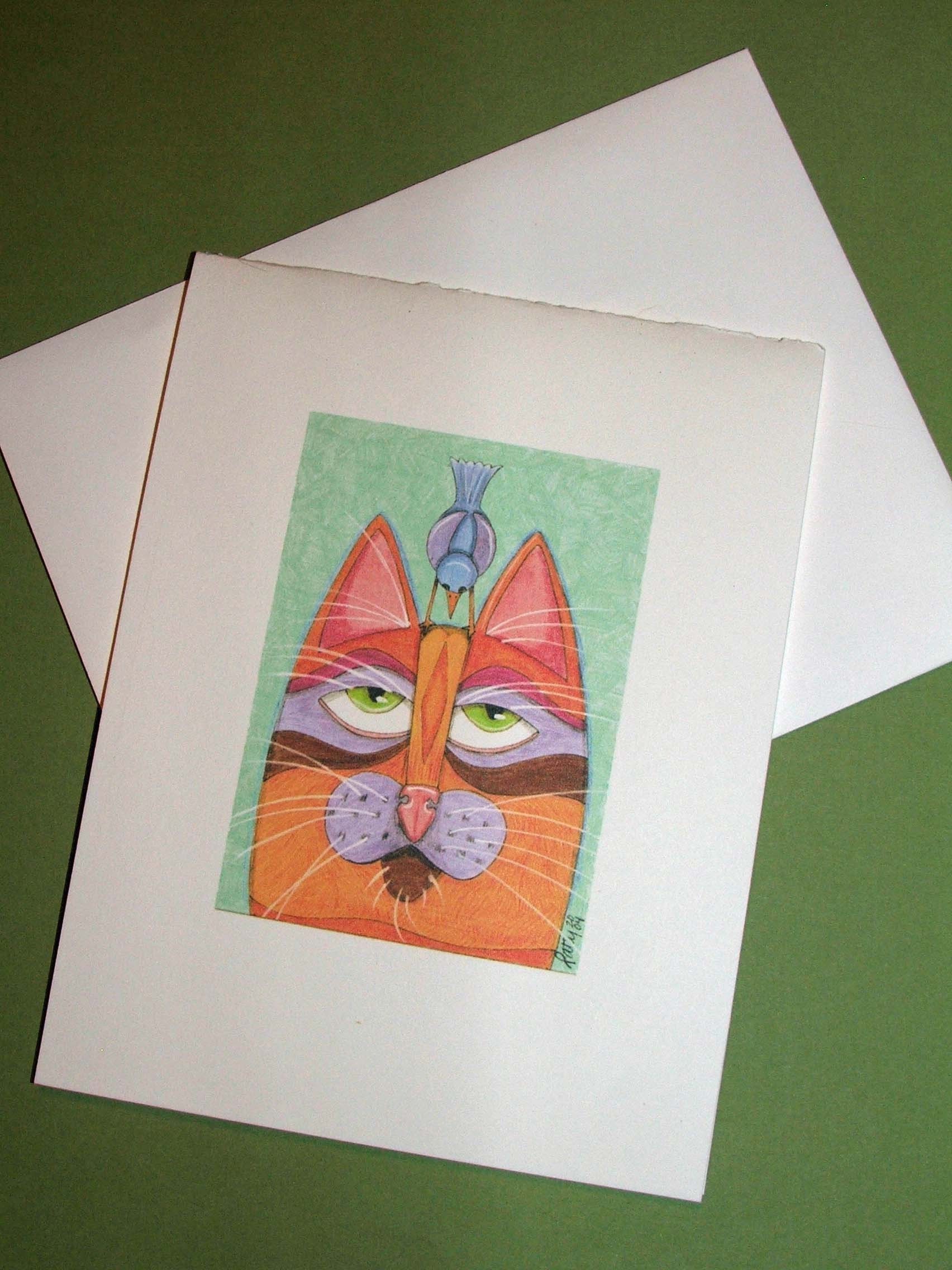 Cat Note Card Blank Cat with Bird on Head Original Design Illustration