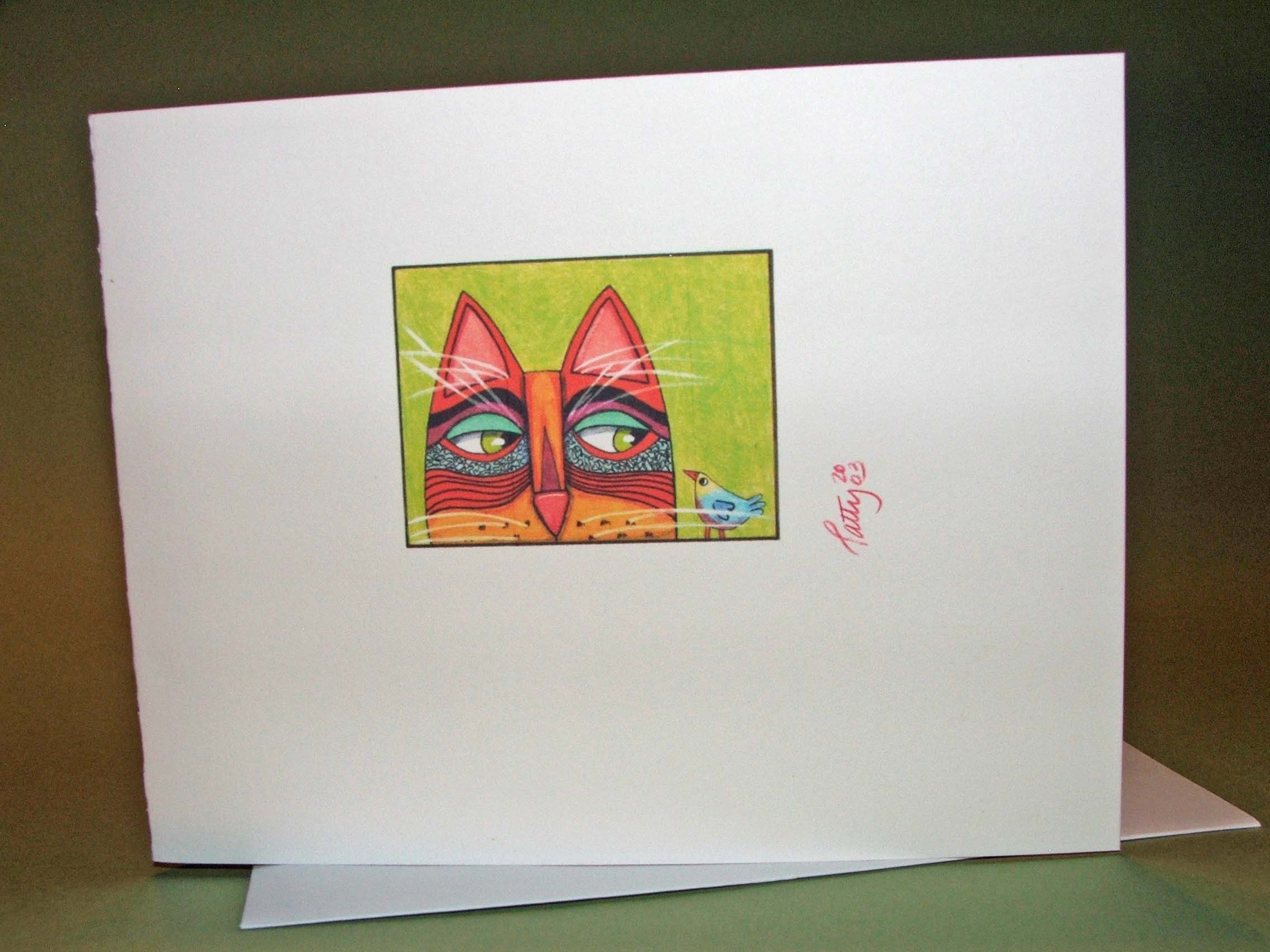 Cat Note Card Cat with Brave Bird Original Design Illustration