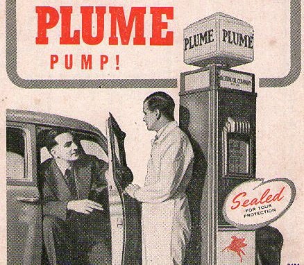 1954 Plume Petrol advertisement, fabulous scene of petrol pump, car & two men at a garage