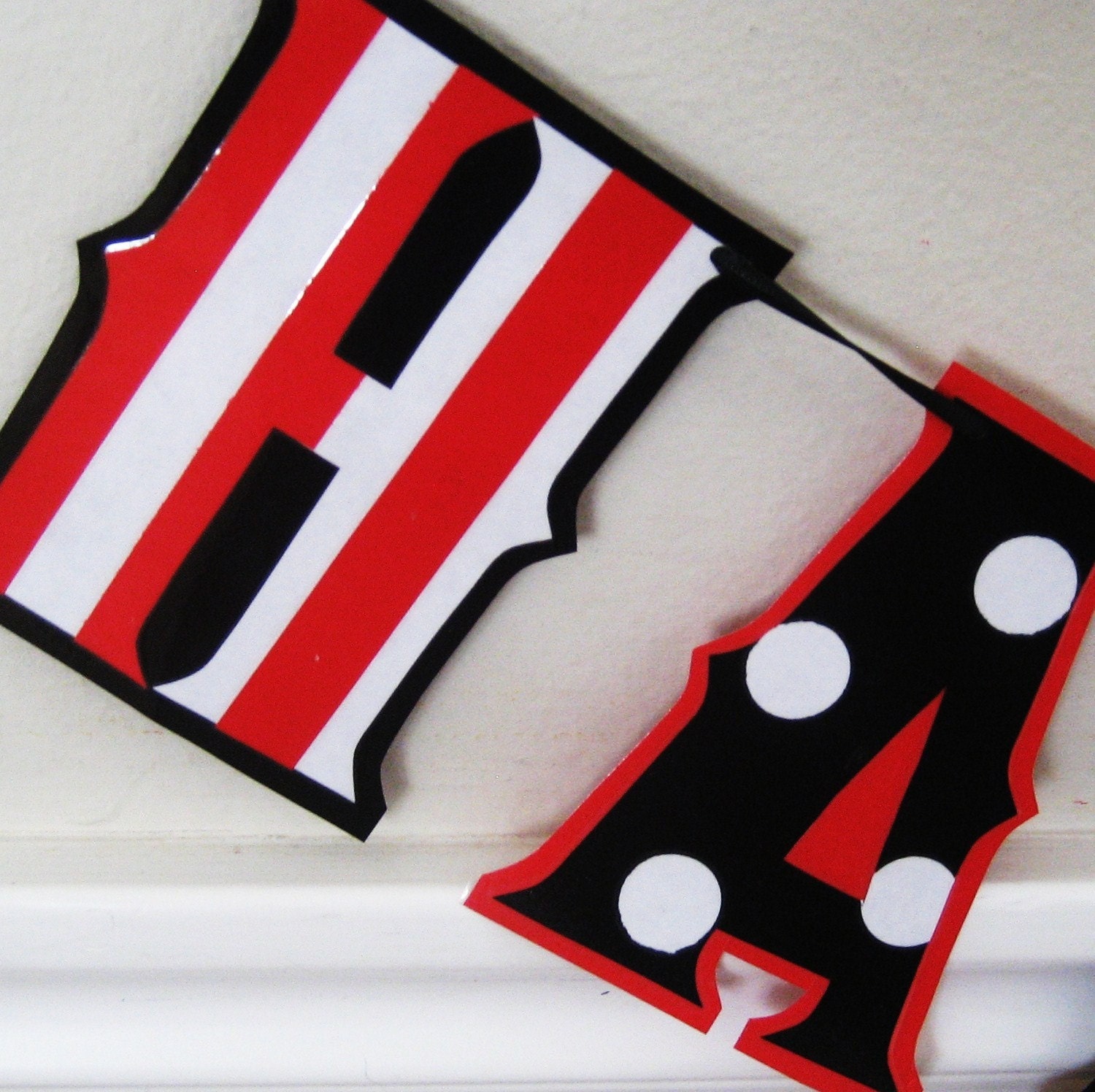 HAPpY BiRTHDAY banner - Red, White, and Black STRiPES and POLkA DOtS