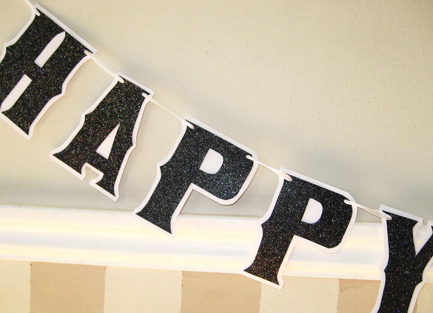 HAPPY NEW YEAR Banner - Black Glitter on White Il_170x135