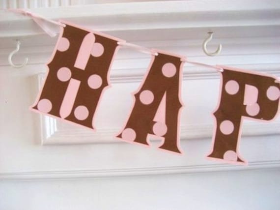 HAPPY BIRTHDAY Banner - Pink/Brown polka dots Il_570xn