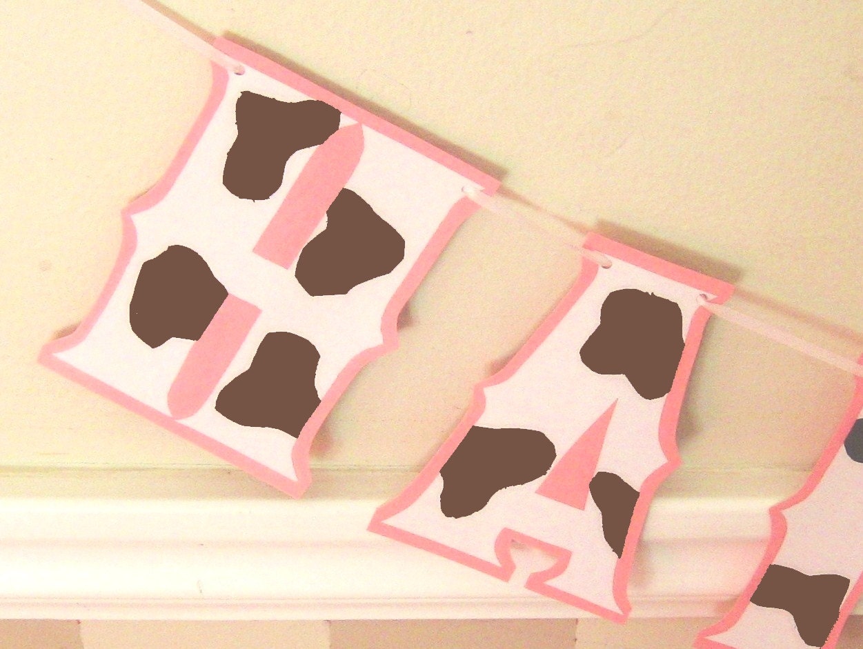 HAPPY BiRTHDAY Banner - Chocolate Brown CoW PRiNT on Baby PiNK Il_570xn