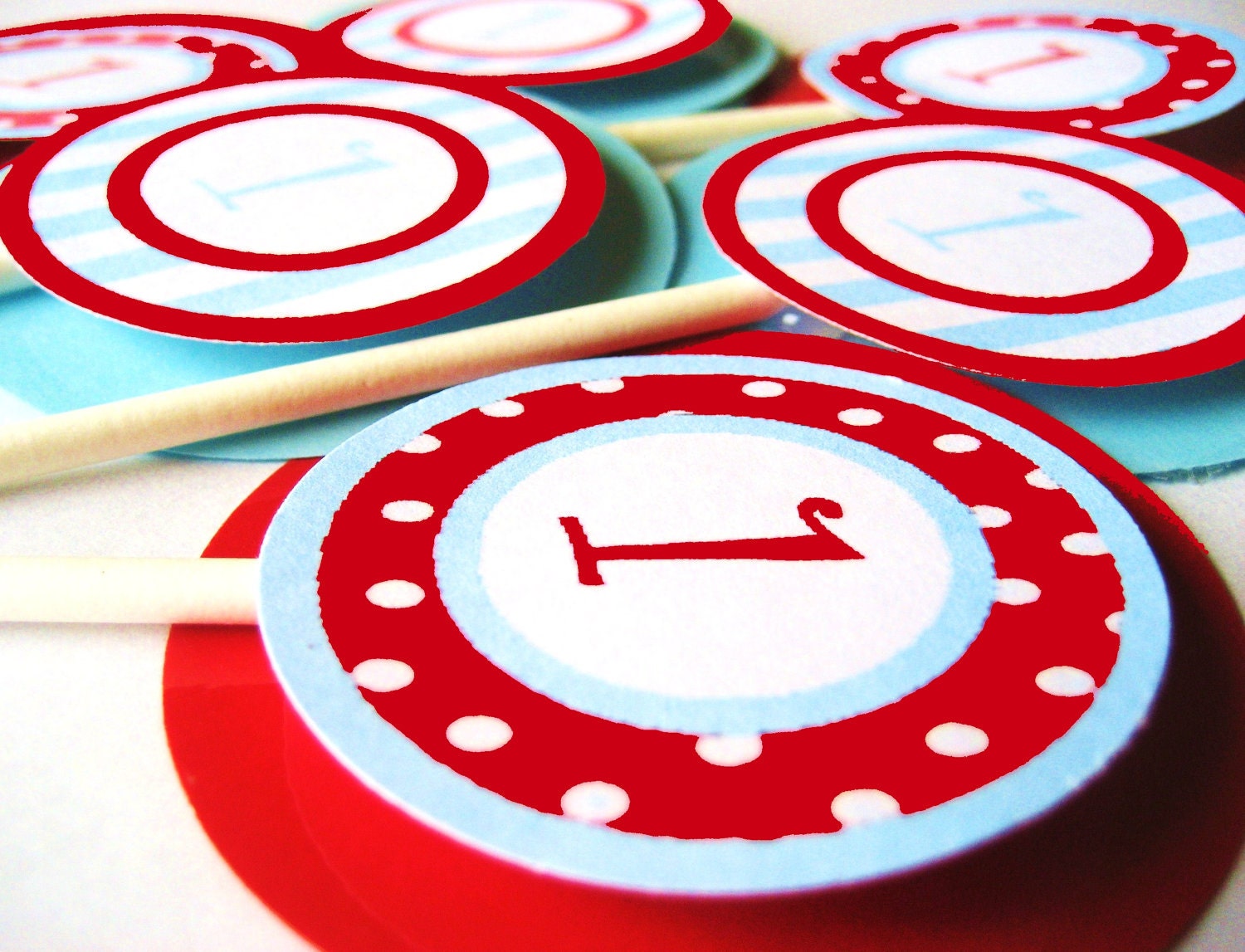 12 Cupcake Toppers - Red White and Baby Blue Stripes and POlka Dots - Custom Center
