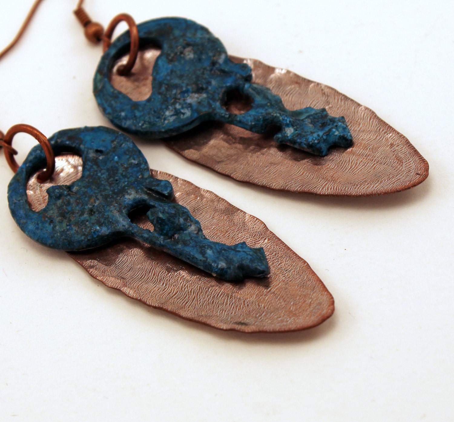Hand Forged Earrings. Secret Keys. Azure Verdigris Patina. Mixed Metals.