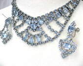 Vintage Rhinestone Necklace Earring Set Light Blue 1950s