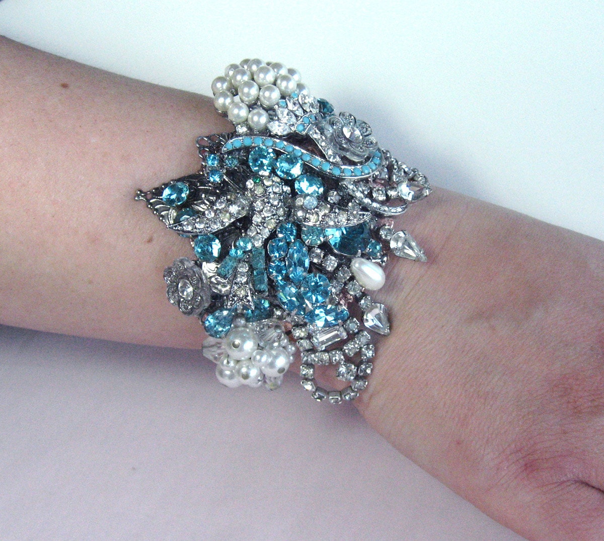 Gorgeous Aquamarine Blue Rhinestone Wedding Bracelet Cuff From Vintage Jewels