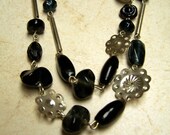 SALE - Upcycled Black Glass With Silvertone Flowers Necklace