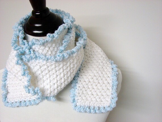 White Ruffle Crochet Scarf Light Blue Frilly Womens Ivory Fashion Long Neck Warmer 4 Inches Wide READY TO SHIP Autumn Fall Fashion