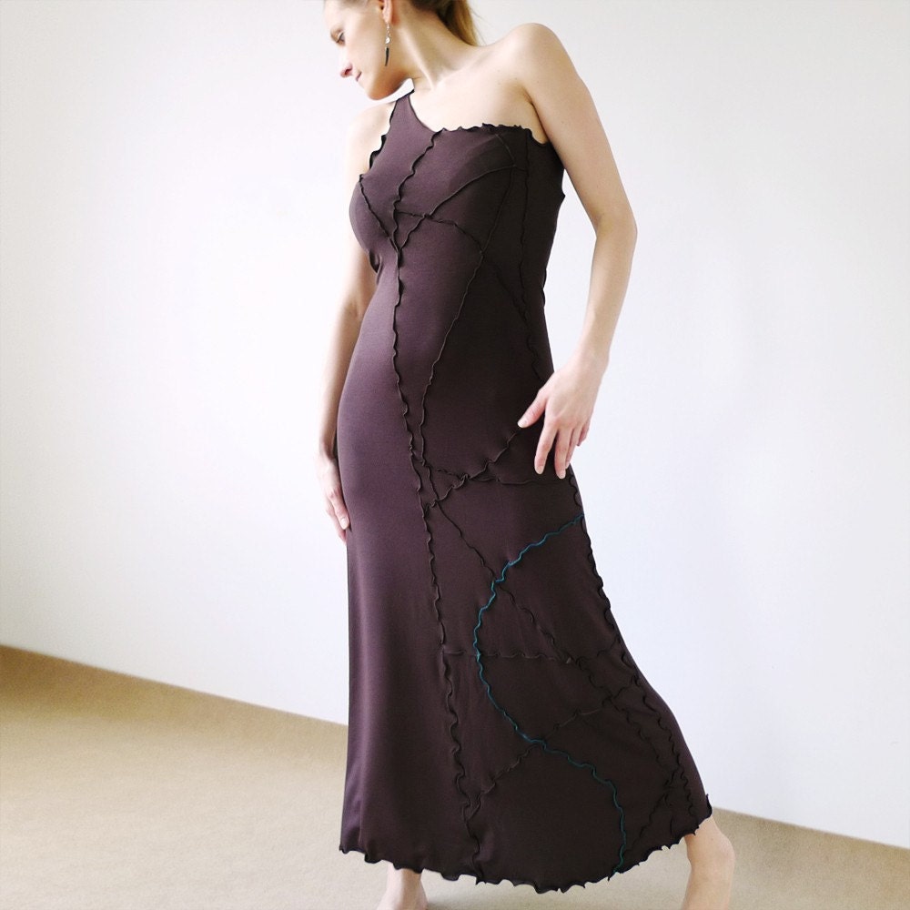 Wilma - long one shoulder jersey dress / skirt with freehand serging, dark brown or pick your color, made to order, all sizes