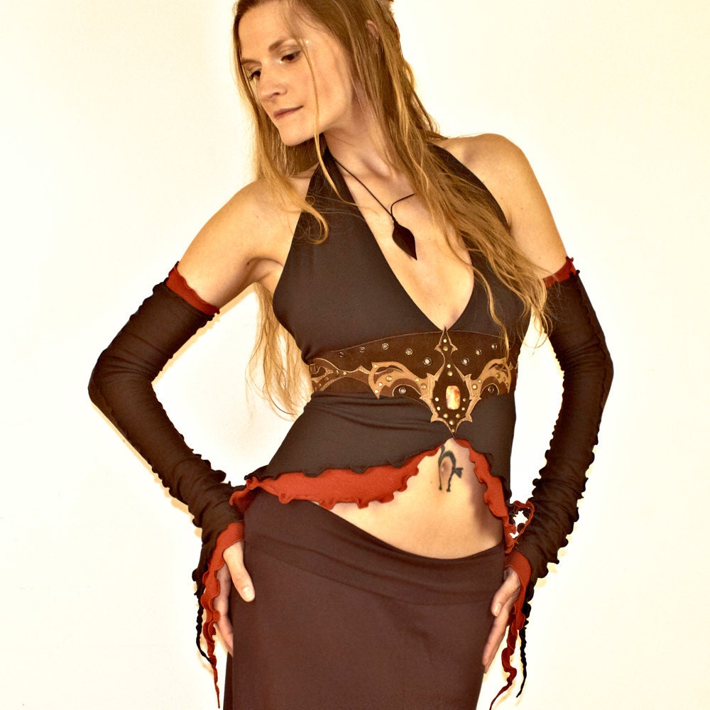 Ellerine - open back halter top with leather art applique, brown and terracotta orange, size S to L
