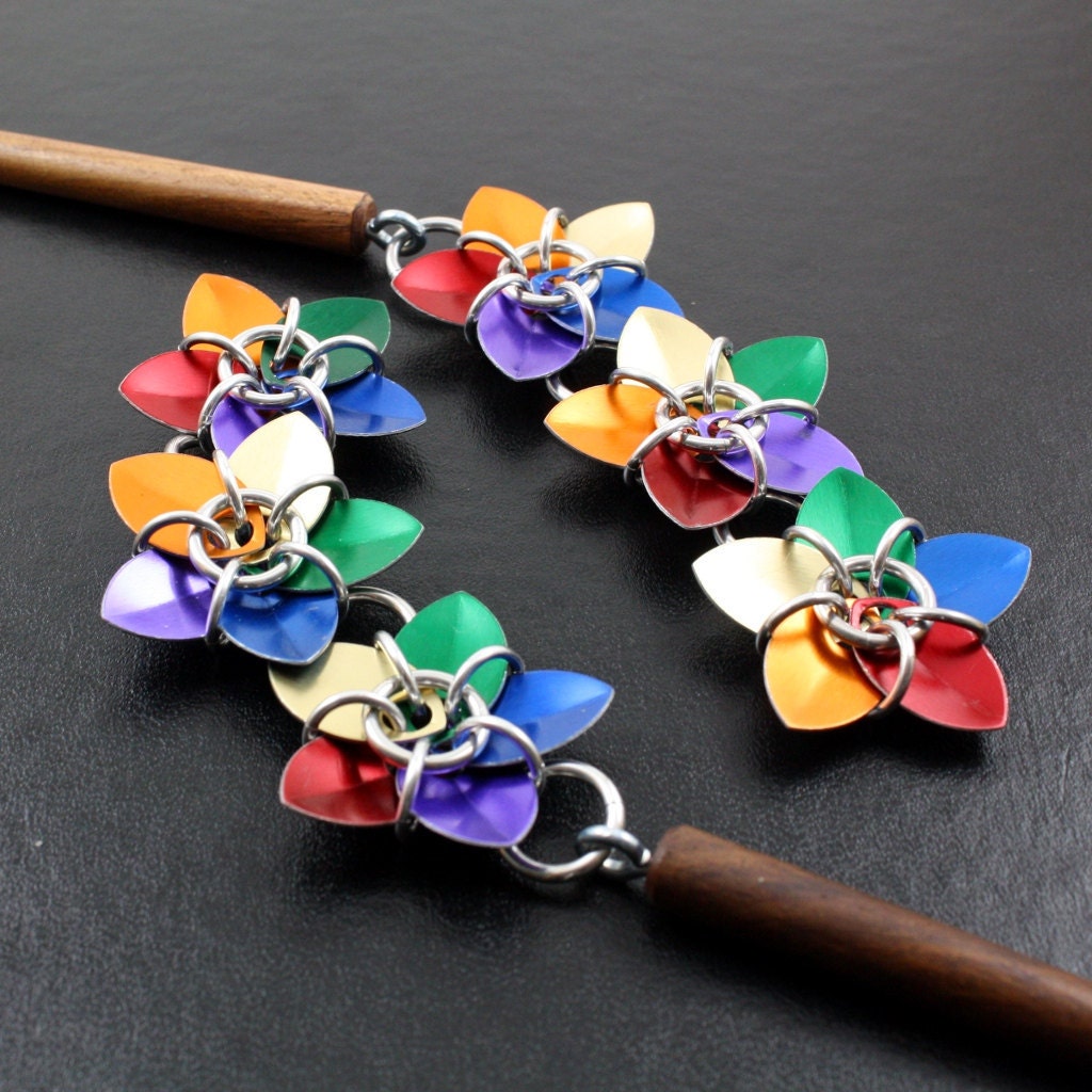 Two Rainbow Cascading Scale Flower Hair Sticks