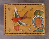 Custom Swallow, Skull and horseshoe with wings vintage style wallet with grommet and belt chain