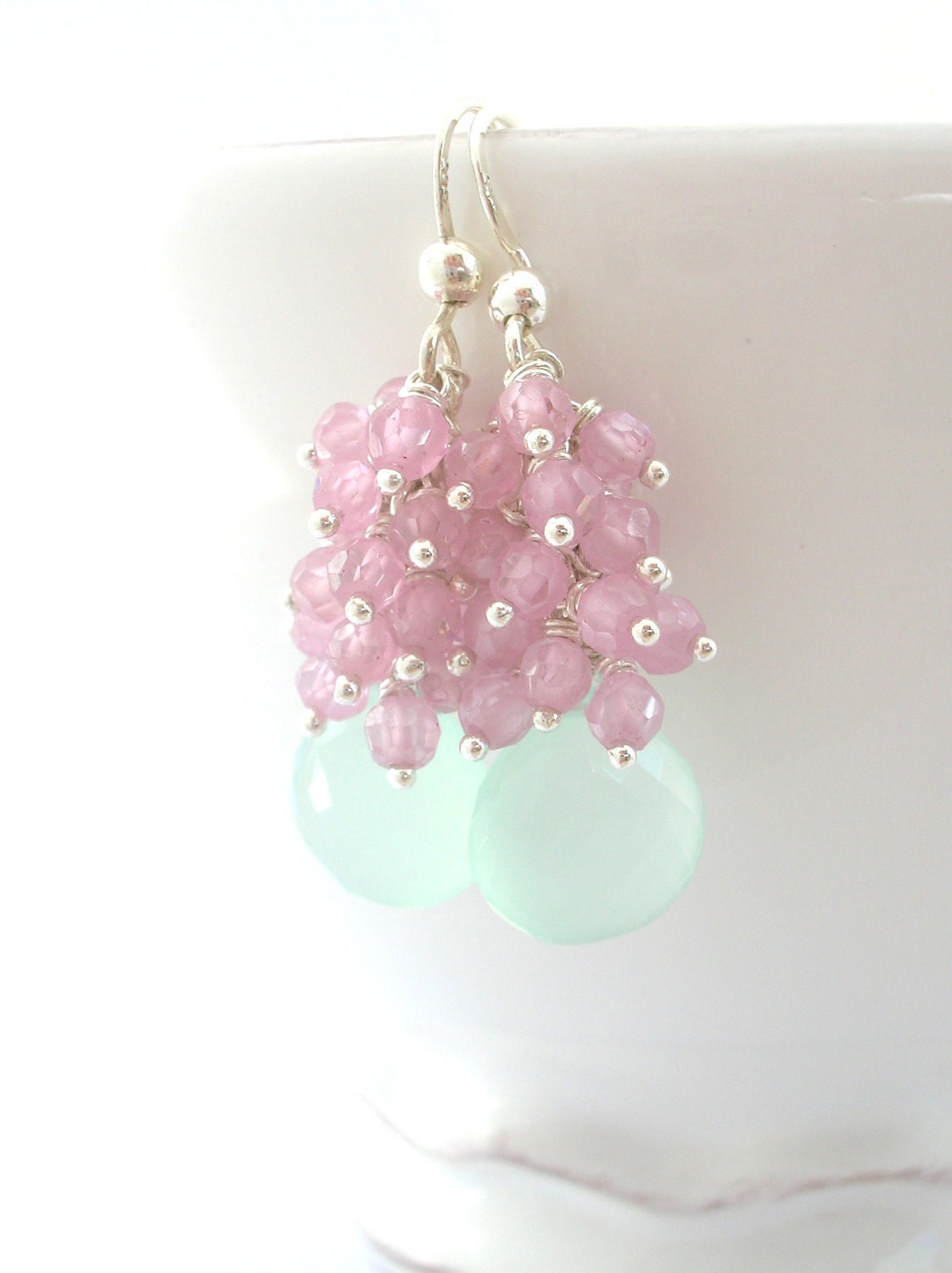 Aqua Blue Chalcedony Earrings with pink zircon clusters sterling silver jewelry for brides