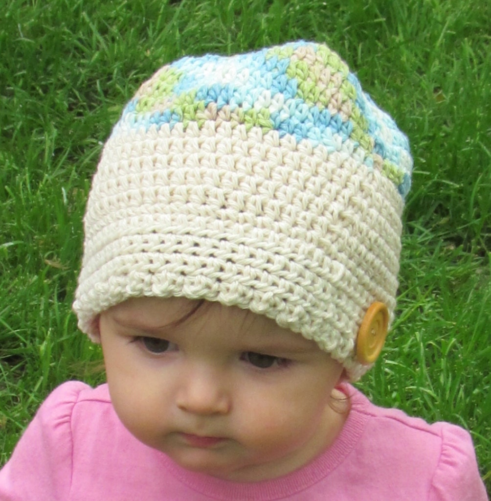 Girls Cotton Bonnet with Oversized Button  - Crocheted Hat READY TO SHIP