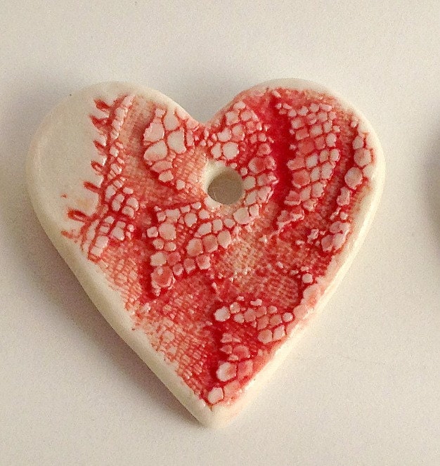 4 Red Laced Hearts - Limoges Porcelain Pendants Red