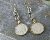 Coin Jewelry - Authentic Indian Head Buffalo Nickels Mixed Metal Dangle Earrings