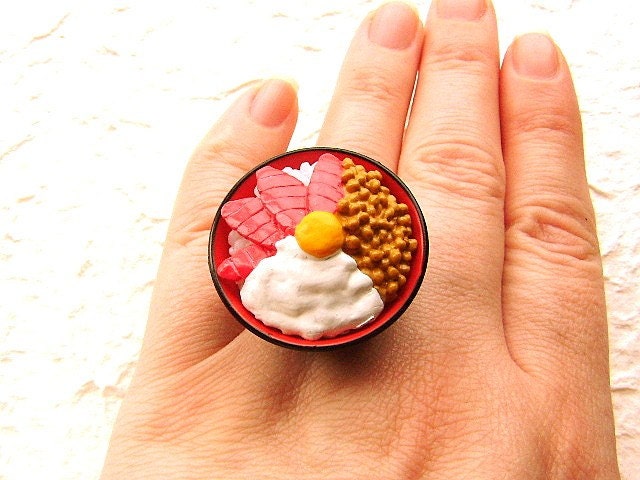 Japanese Food  Ring Miniature Food Jewelry Maguro Don Bowl Of Rice With Toppings