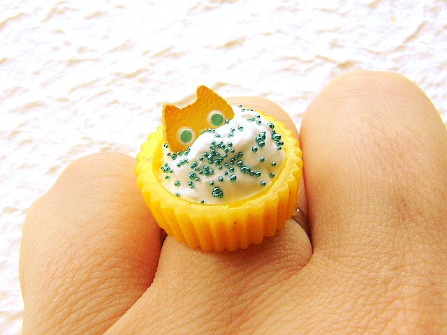 Cute Cat Ring Miniature Food Jewelry Cat Cookie Ice Cream Lemon Cup