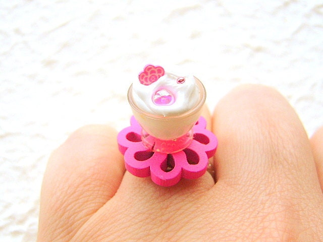 Cute Food Ring Ice Cream Miniature Food Jewelry Pink Flower