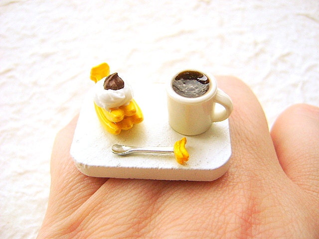 Kawaii Ring Coffee Banana Ice Cream  Miniature Food Jewelry