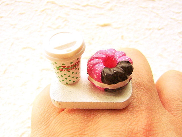 Cute Food Ring  Miniature Food Jewelry  Coffee And A Donut To Go