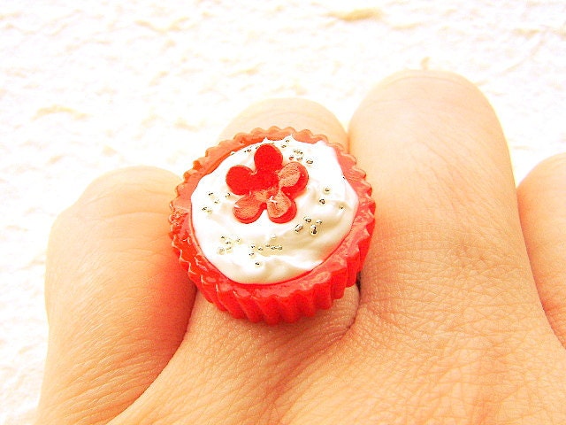 Food Ring Miniature  Food Jewelry  Strawberry  Cup  Ice Cream Red Flower