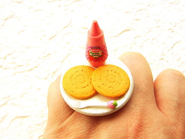 Miniature  Food Ring Pancakes Strawberry Syrup Kawaii Food Jewelry