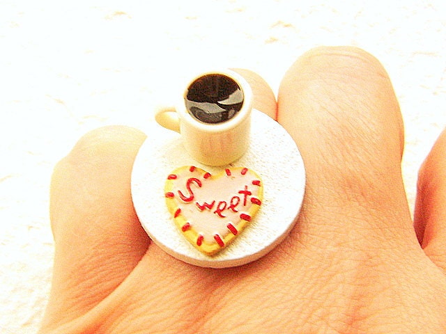 Miniature Food Ring Coffee And A Heart Cookie Kawaii Jewelry