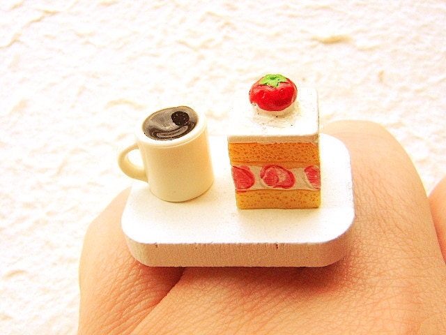 Coffee Ring Miniature Food Jewelry Strawberry Cake