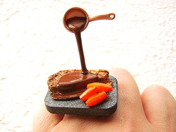 Kawaii Floating Ring Steak With Veggies And Sauce Miniature Food Jewelry
