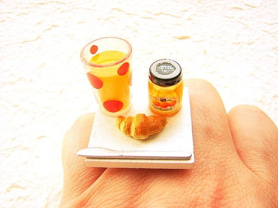 Cute Food Ring Breakfast Orange Juice Croissant Miniature Food Jewelry