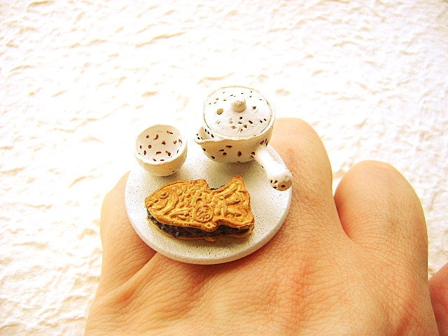 Traditional Japanese Food Ring  Green Tea Taiyaki Miniature Food Jewelry