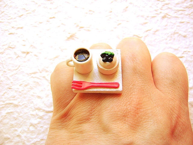 Coffee Ring Miniature Food Jewelry Coffee And Blueberry Cheesecake