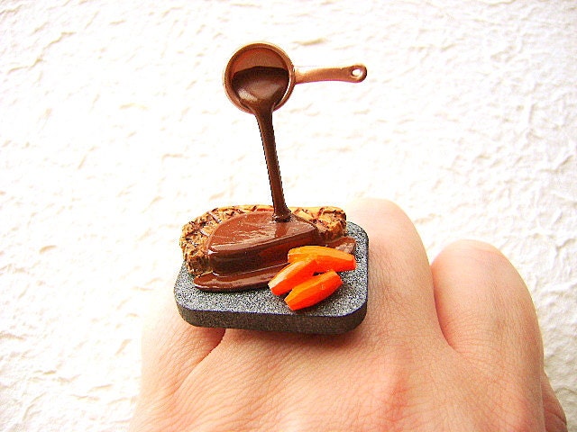 Kawaii Floating Ring Steak With Veggies And Sauce Miniature Food Jewelry